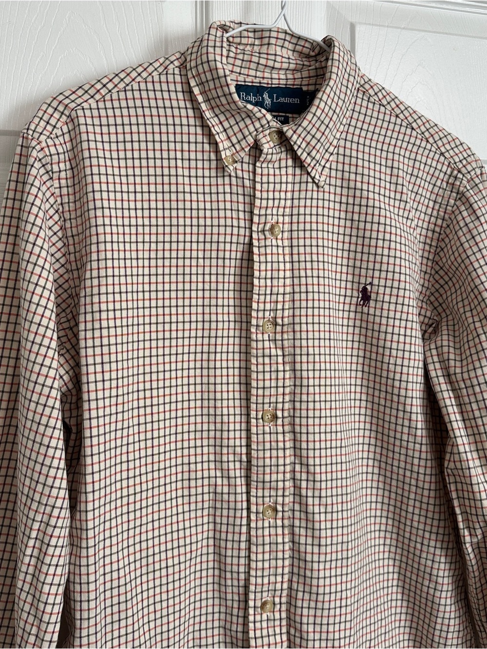 Ralph Lauren Beige Plaid Button-Down Shirt with Red & Green Accents